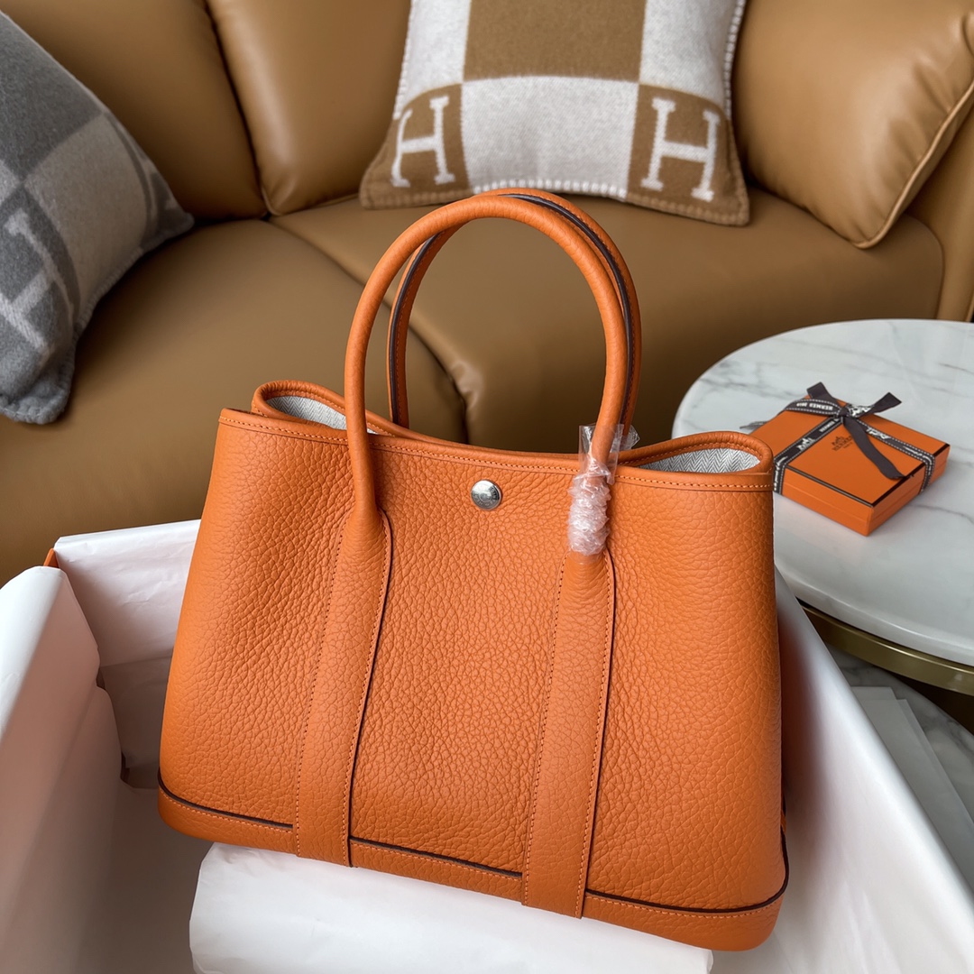 Hermes Garden Party 30cm Tote Handbag In Orange Clemence Leather